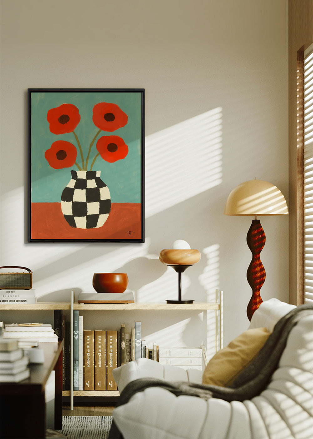 Lámina botánica con amapolas y jarrón ajedrez – Canvas1