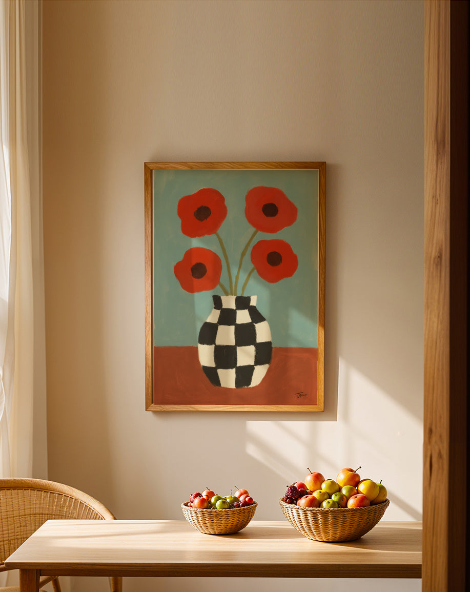 Checkerboard Poppies - Framed poster in an interior
