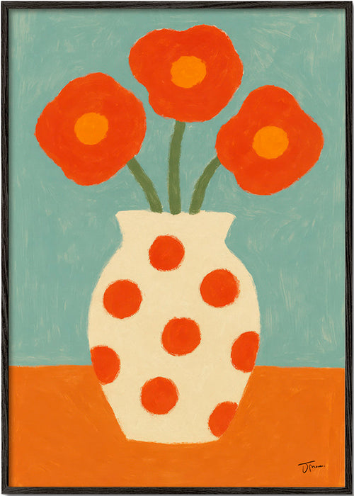 Botanische poster met rood gestippelde vaas – Black Frame