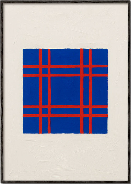 Geometrisch kunstwerk blauw met rood raster – Black Frame