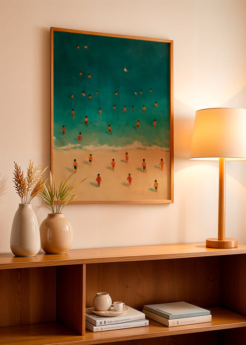 Landschap kunst: strand met zwemmers van boven – Product1