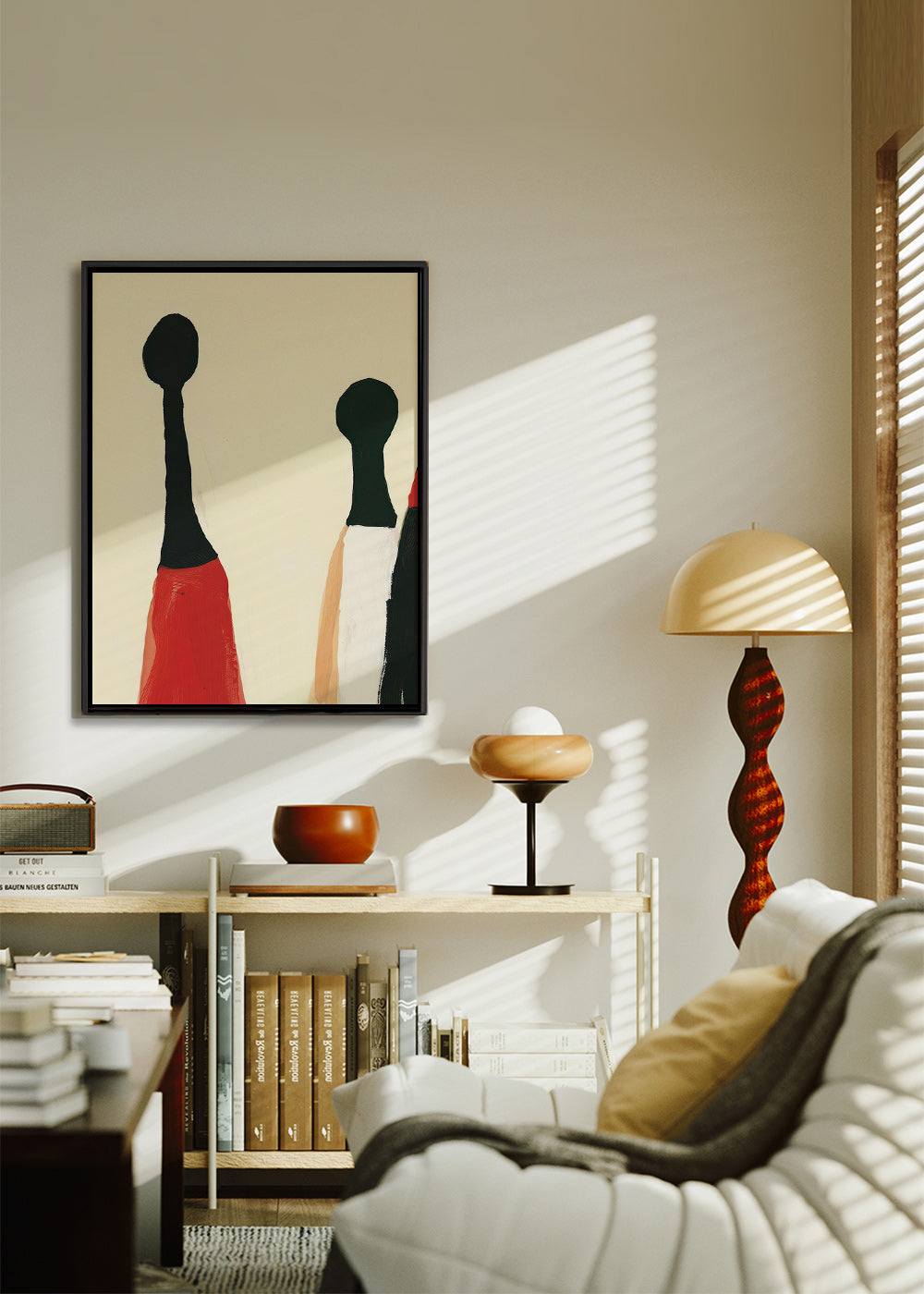 Abstract kunstwerk met verlengde rode en zwarte figuren – Canvas2