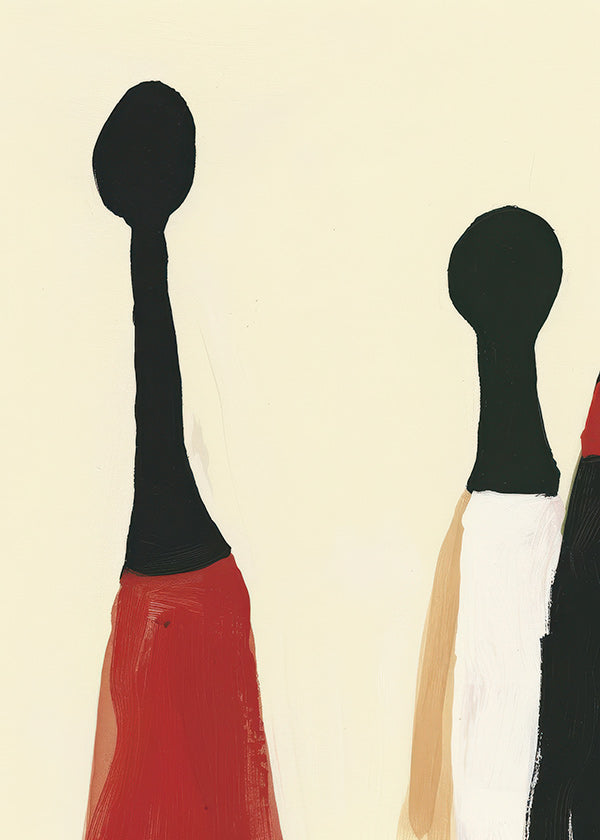 Abstract kunstwerk met verlengde rode en zwarte figuren