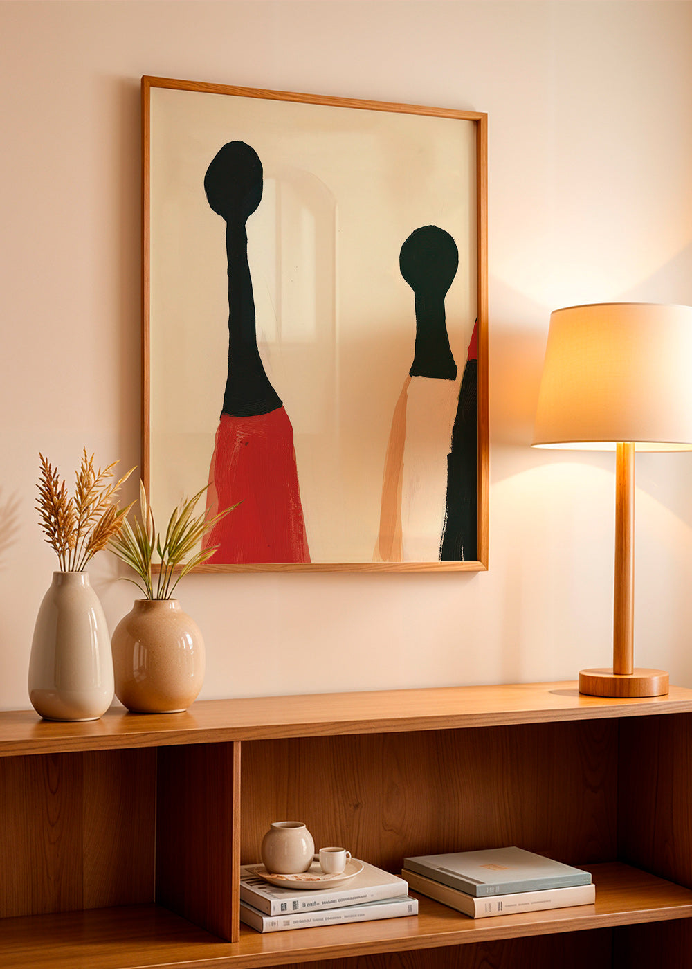 Abstract kunstwerk met verlengde rode en zwarte figuren – Product2