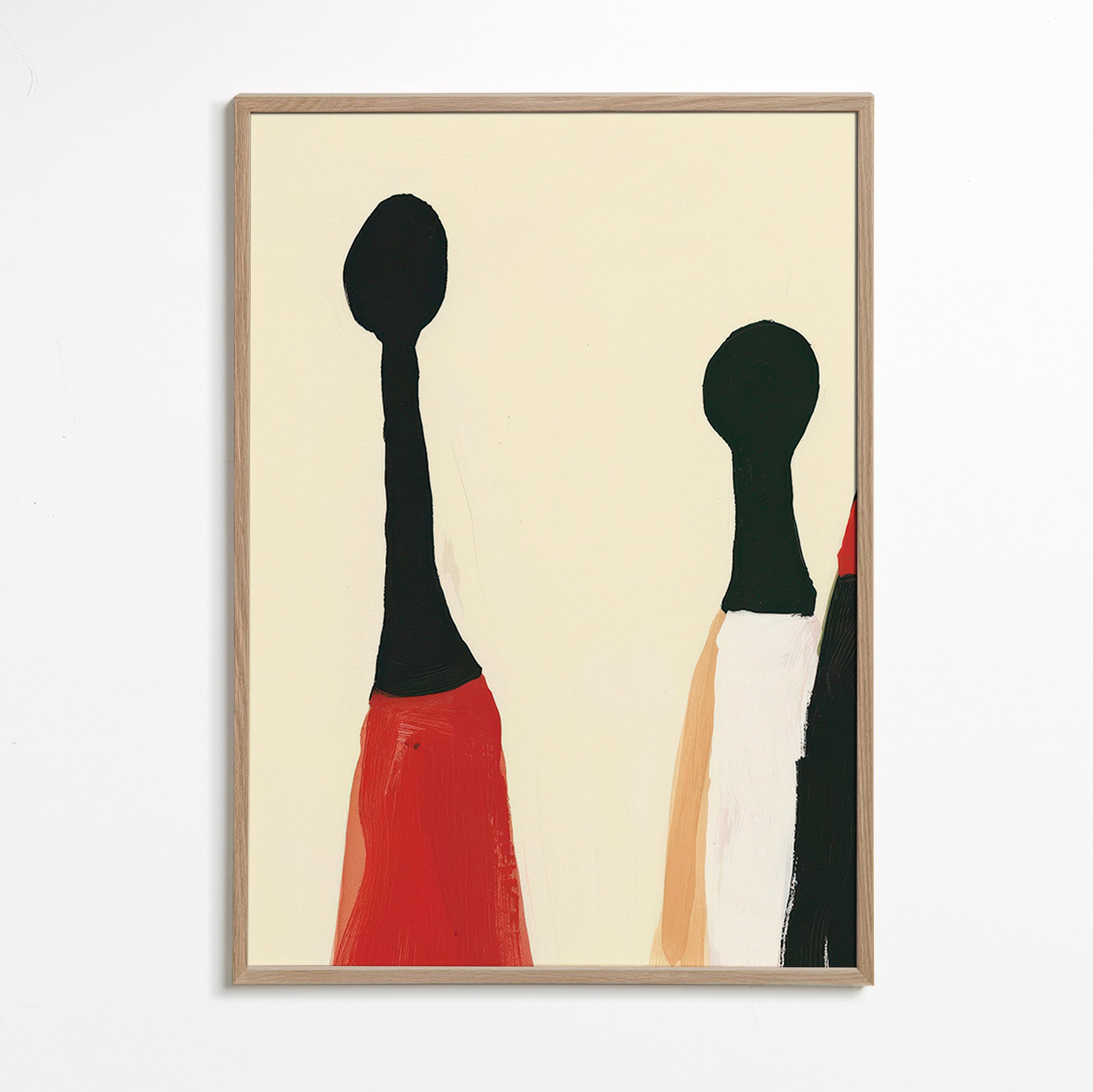Abstract kunstwerk met verlengde rode en zwarte figuren – Oak Frame