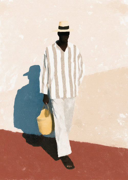 Minimalistisch kunstwerk van man met hoed en tas