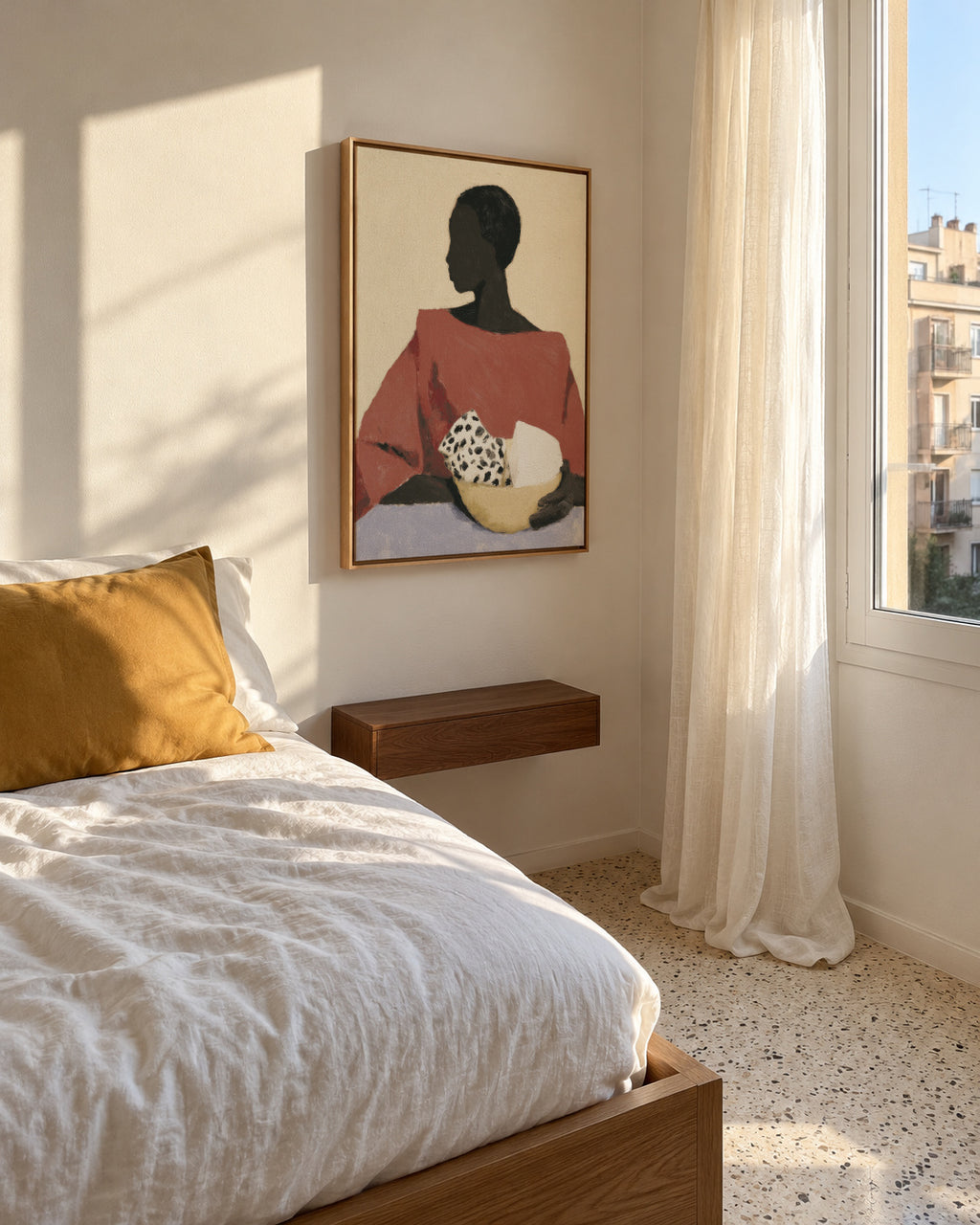 Lady with Bowl - Framed canvas in an interior