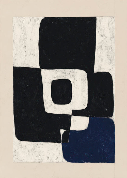 Abstract poster met zwarte blokken en blauw accent