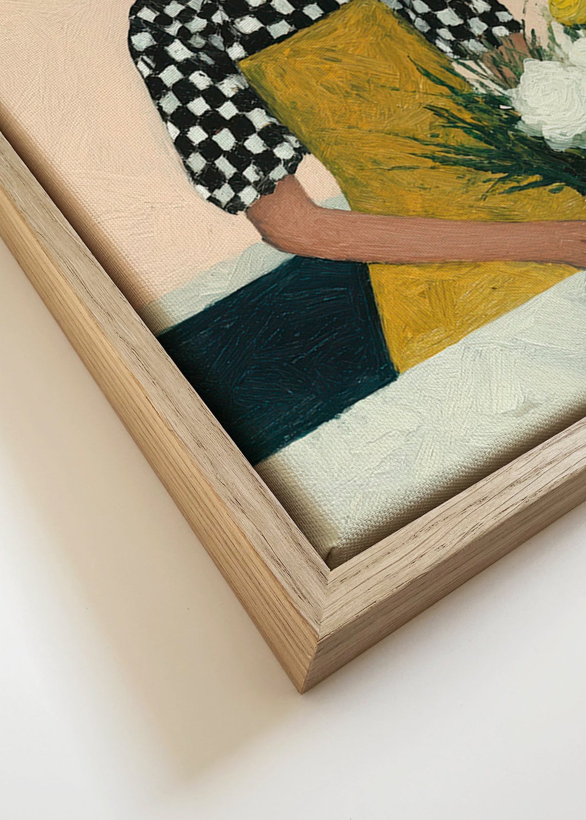 Botanische poster: bloemist met geel schort en boeket – Canvas detail