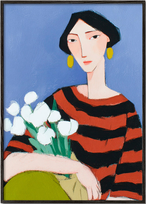 Illustratie vrouw met witte tulpen – Black Frame