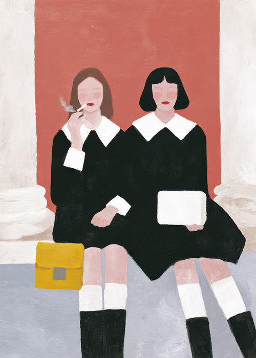 Illustratie van twee zittende figuren in retrostijl