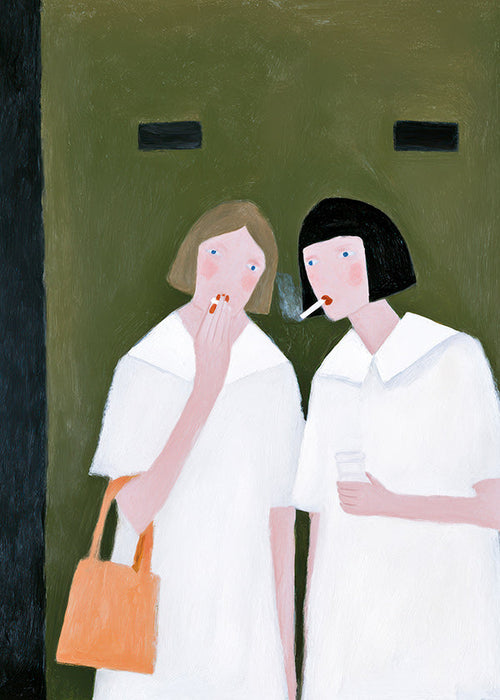 Illustratie van twee figuren rokend in zachte tonen