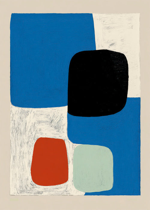 Abstract kunstwerk met blauwe vormen en zwart blok