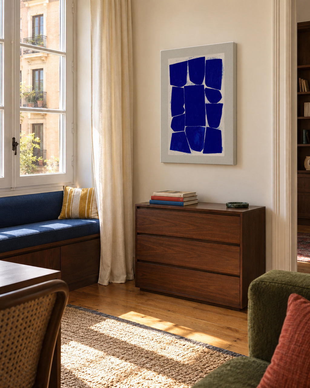 Indigo Mosaic II - Unframed canvas in an interior