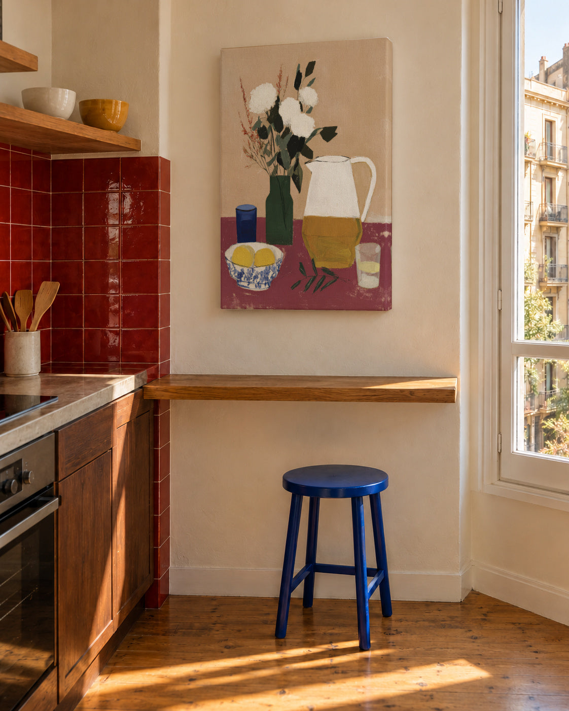 White Flowers & Pitcher I - Unframed canvas in an interior