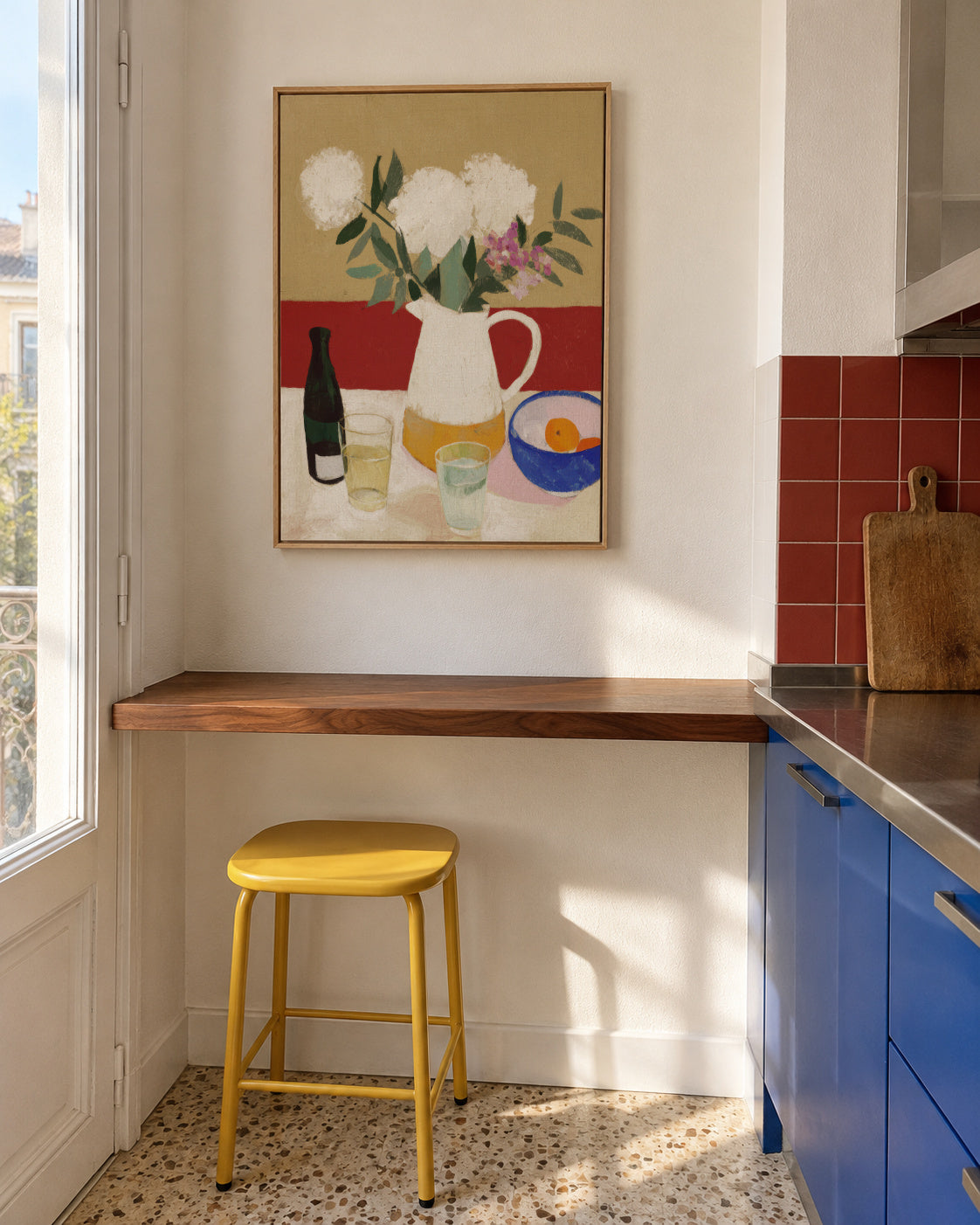 White Flowers & Pitcher II - Framed canvas in an interior