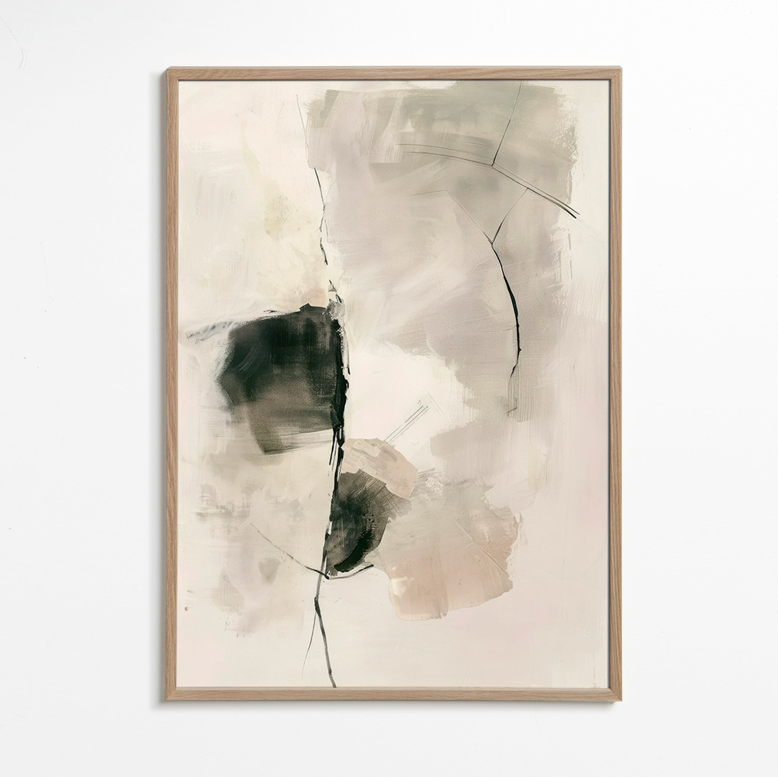 Cuadro abstracto de trazos neutros y manchas verticales – Oak Frame