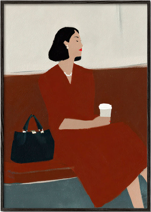 Keuken kunst: vrouw zittend met koffie en tas – Black Frame