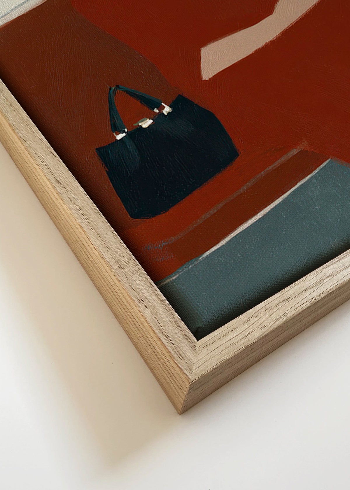 Keuken kunst: vrouw zittend met koffie en tas – Canvas detail