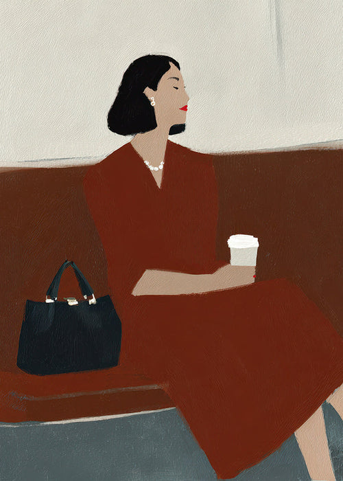 Keuken kunst: vrouw zittend met koffie en tas
