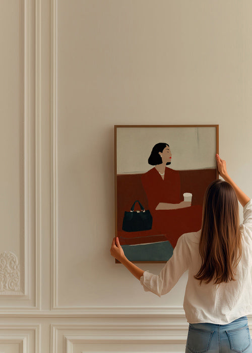 Keuken kunst: vrouw zittend met koffie en tas – Product1