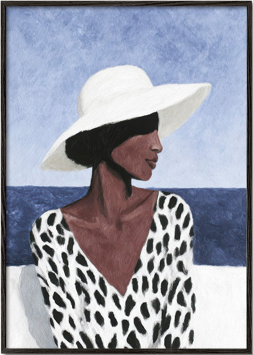 Illustratie van vrouw met hoed aan zee – Black Frame