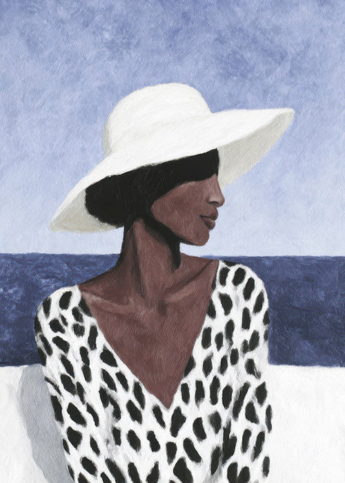 Illustratie van vrouw met hoed aan zee
