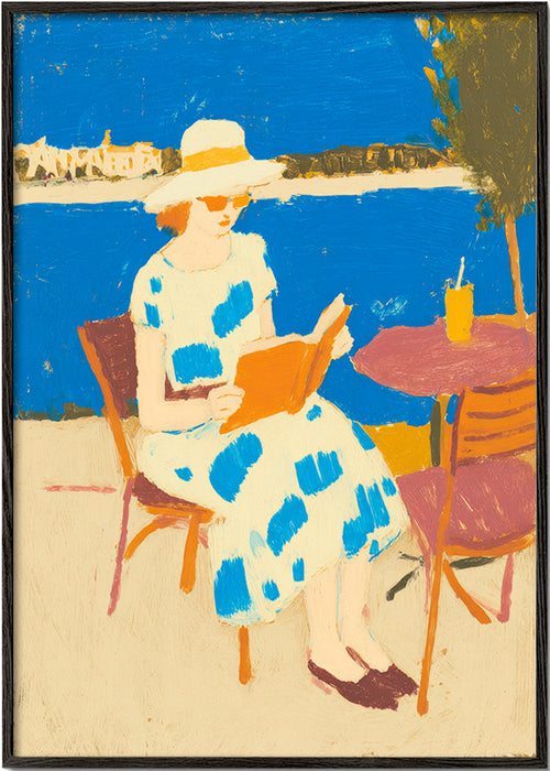 Illustratie van een lezeres aan zee – Black Frame
