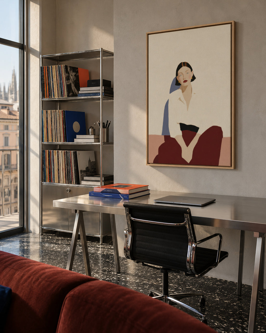 Minimalist Seated Figure - Framed canvas in an interior
