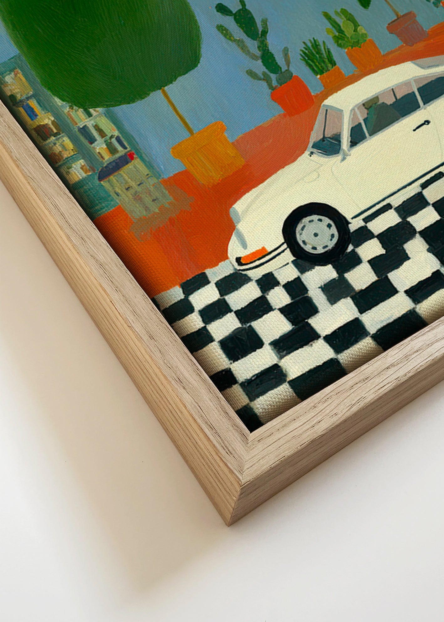 Ilustración con coche clásico y plantas de interior – Canvas detail