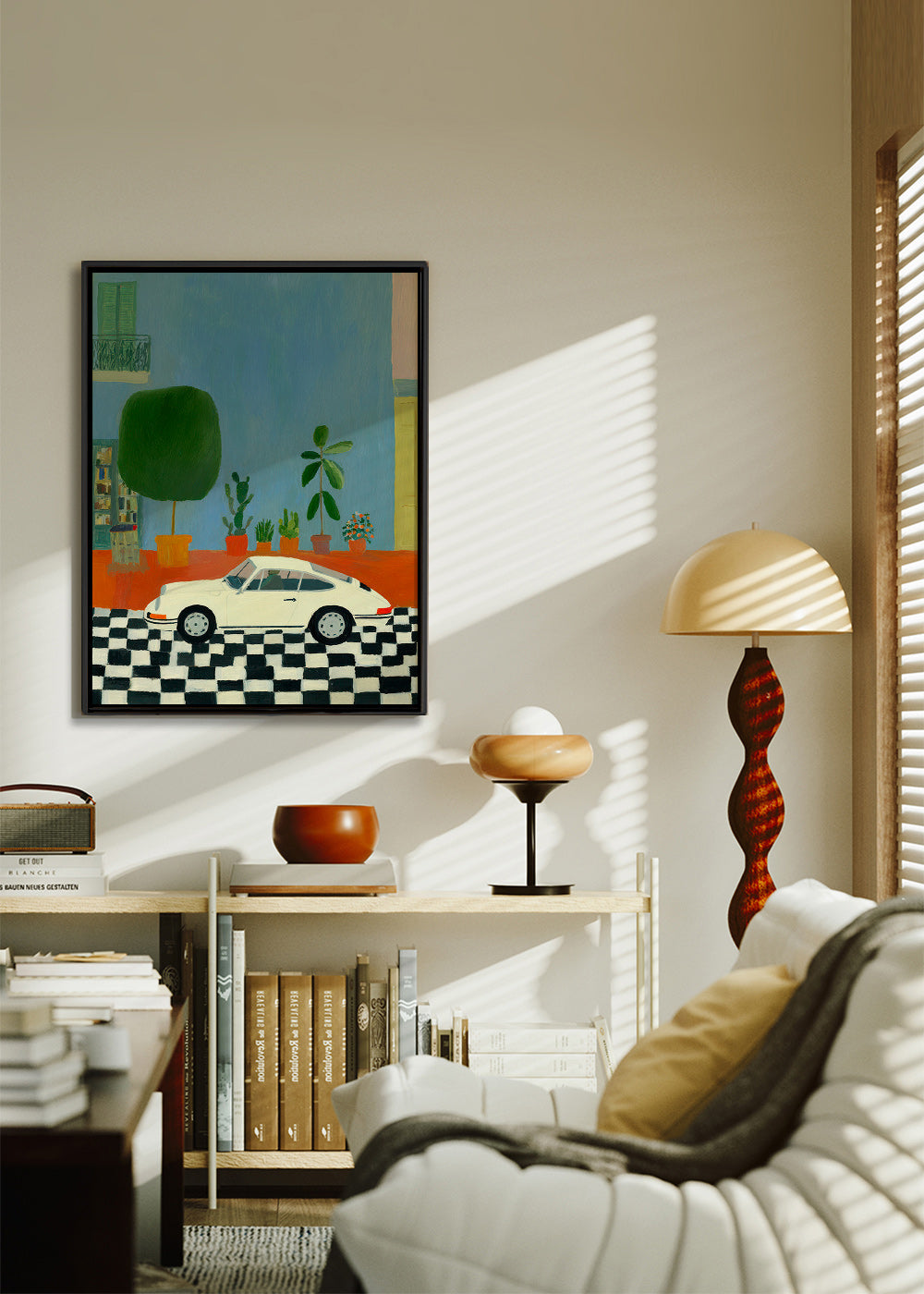Ilustración con coche clásico y plantas de interior – Canvas1