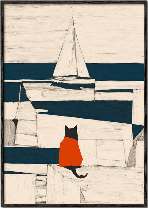 Kunstwerk rode kat in de haven minimalistisch – Black Frame