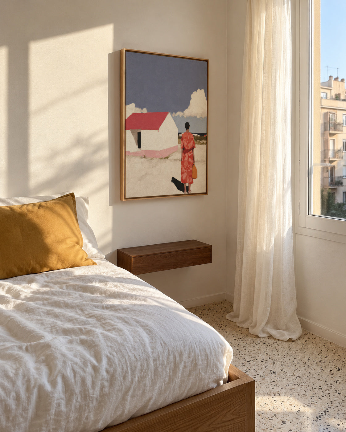 Red Dress, White House - Framed canvas in an interior