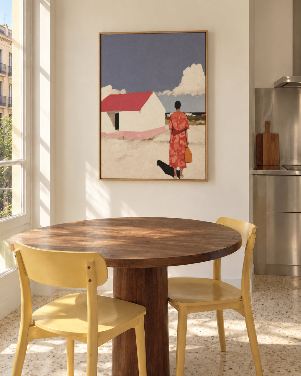 Red Dress, White House - Framed canvas in an interior