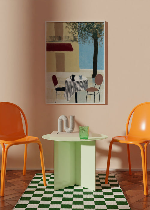 Keuken kunst: terrastafel onder rood luifel – Product1