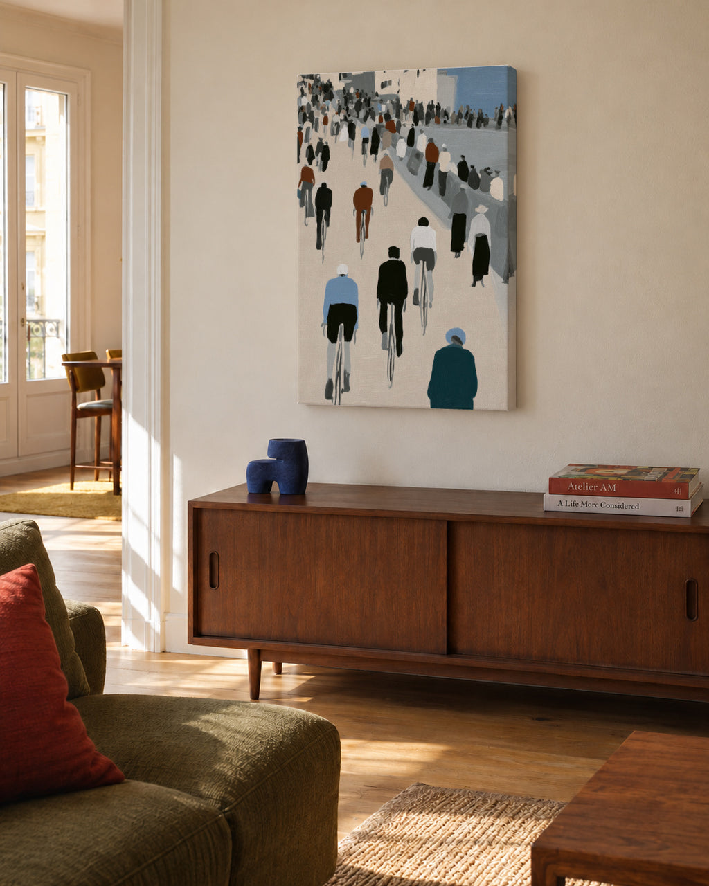Promenade Cyclists - Unframed canvas in an interior