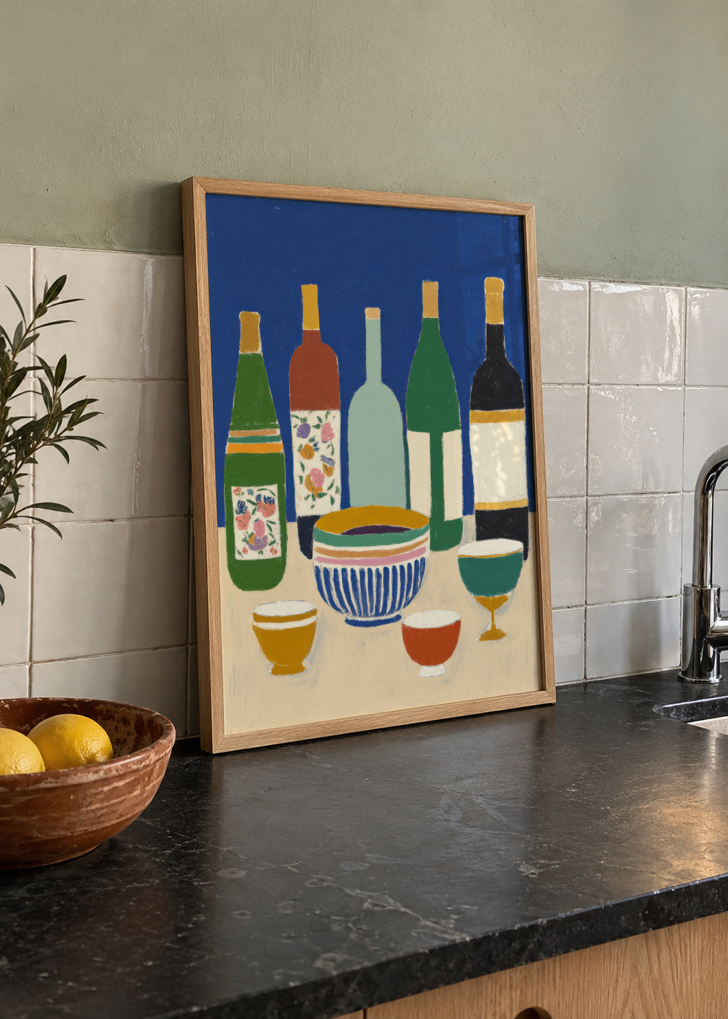 Blue Bottles Still Life - Framed poster in an interior
