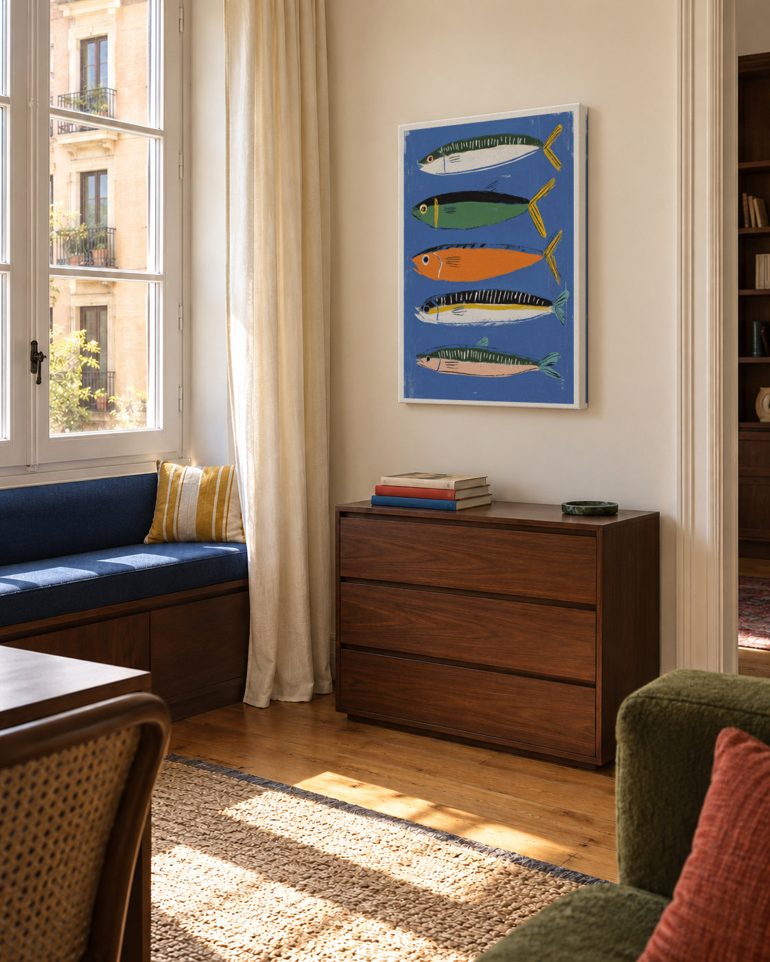 Blue Fish Triptych - Unframed canvas in an interior