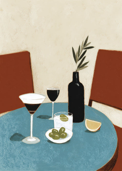 Keuken kunst: aperitief op blauwe tafel