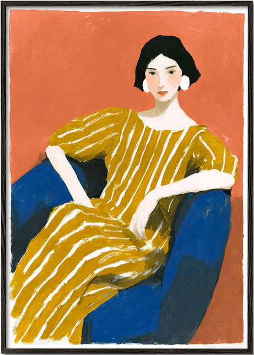 Illustratie: zittende vrouw met gouden gestreepte jurk – Black Frame
