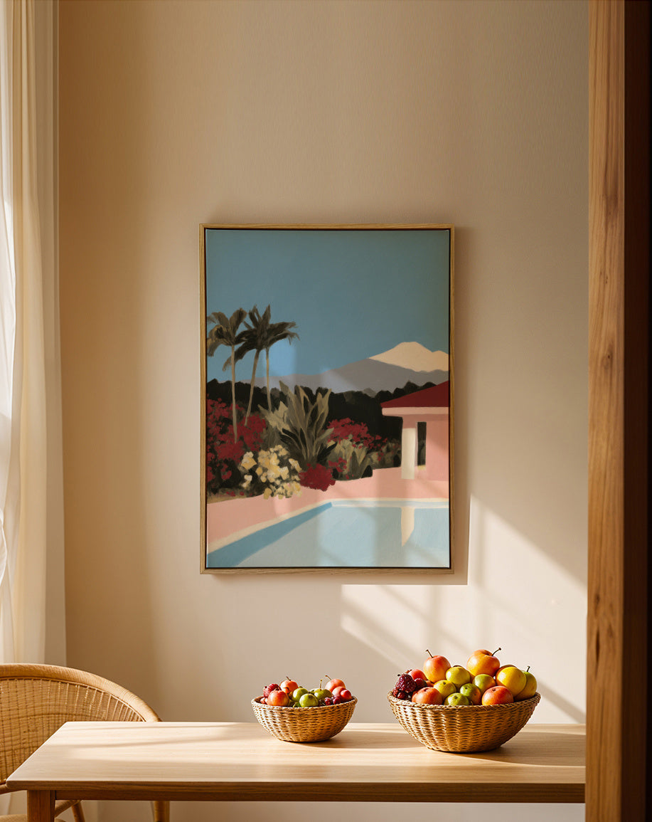 Pink Garden Pool - Framed canvas in an interior