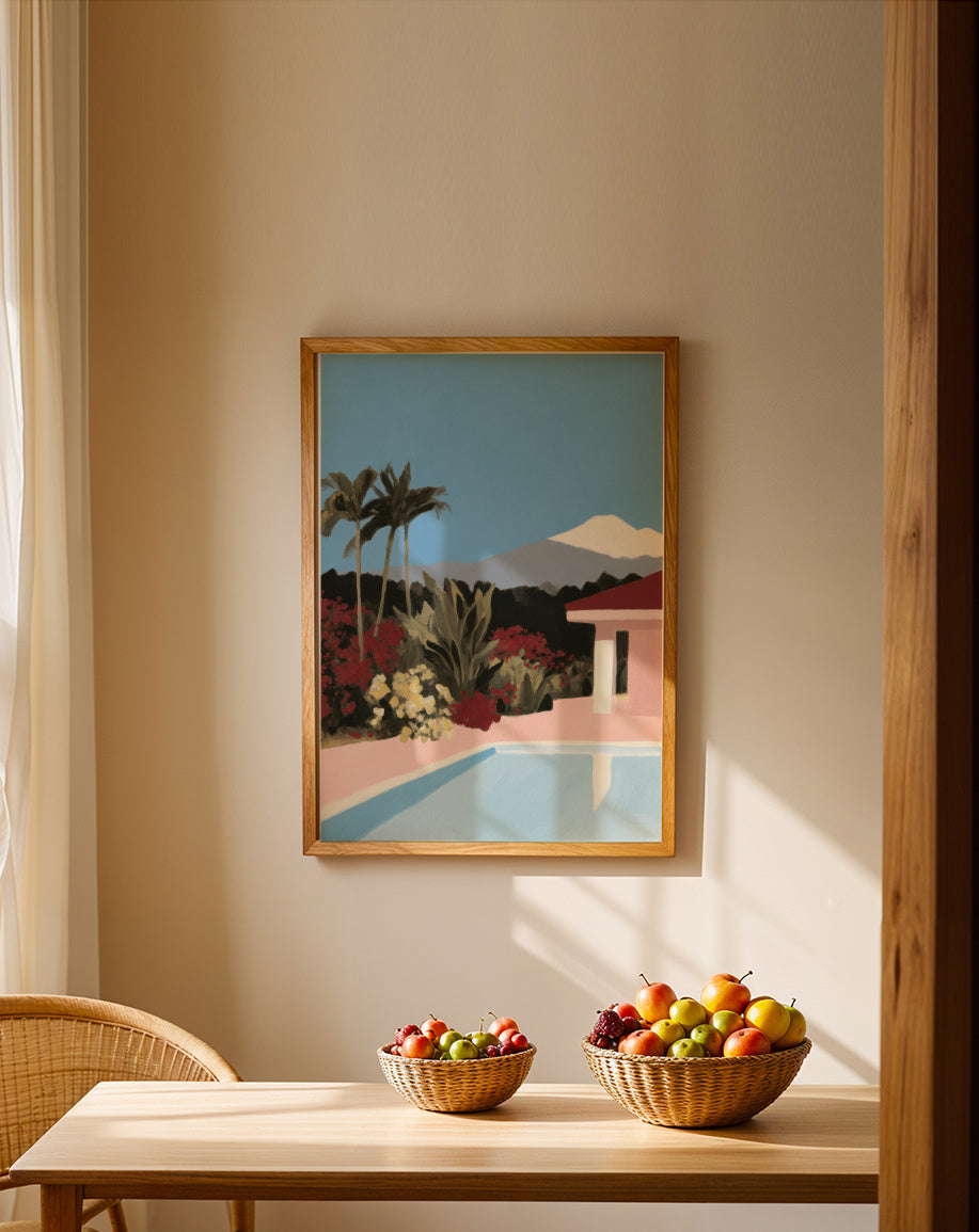 Pink Garden Pool - Framed poster in an interior