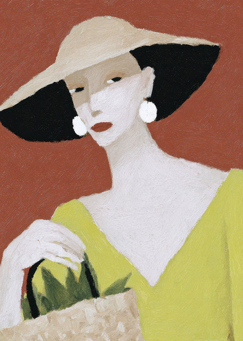 Illustratie vrouw met hoed en mand