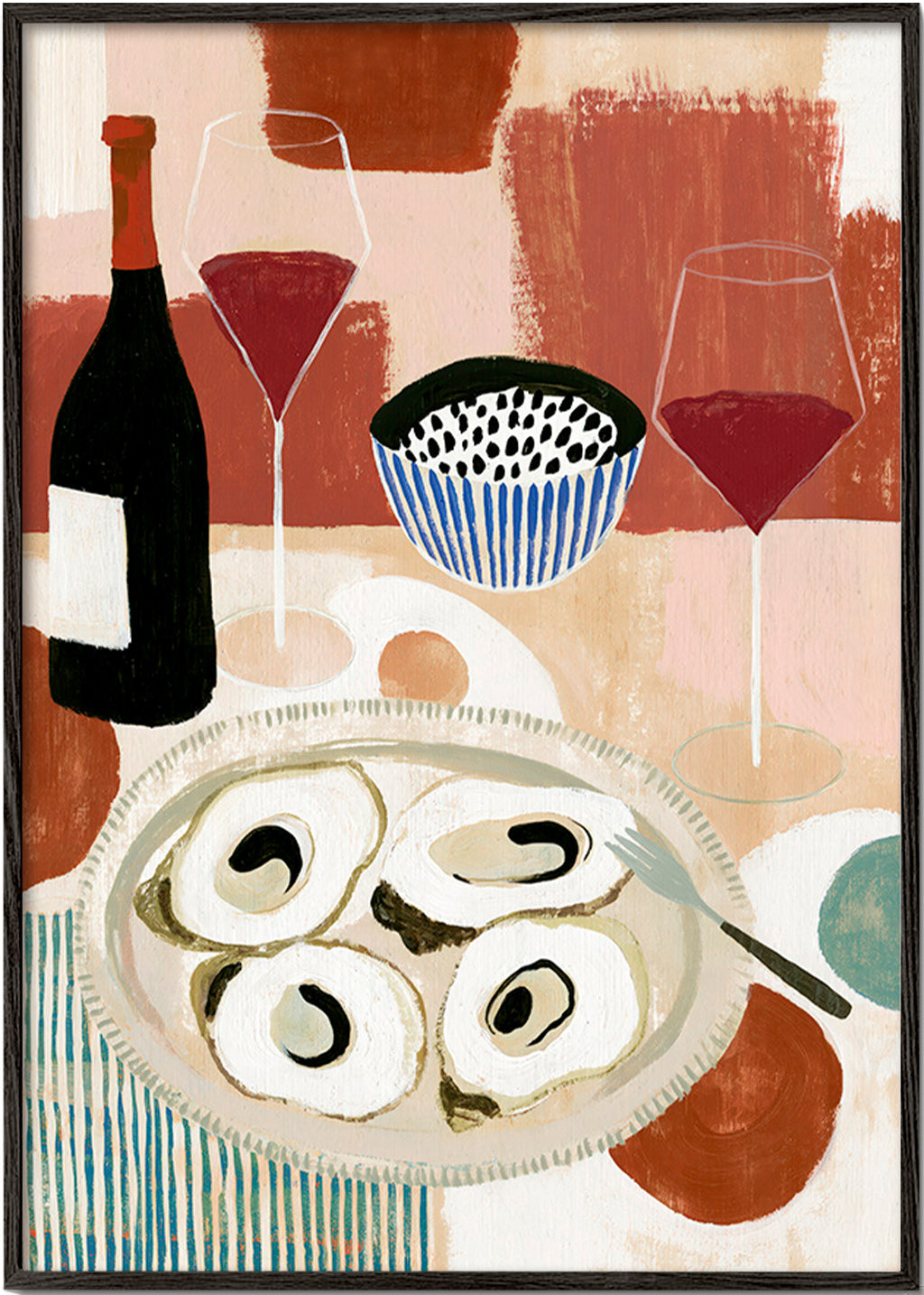 Keuken kunst: oester-stilleven met wijn