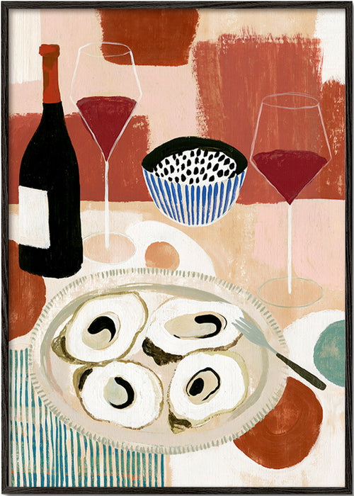 Keuken kunst: oester-stilleven met wijn
