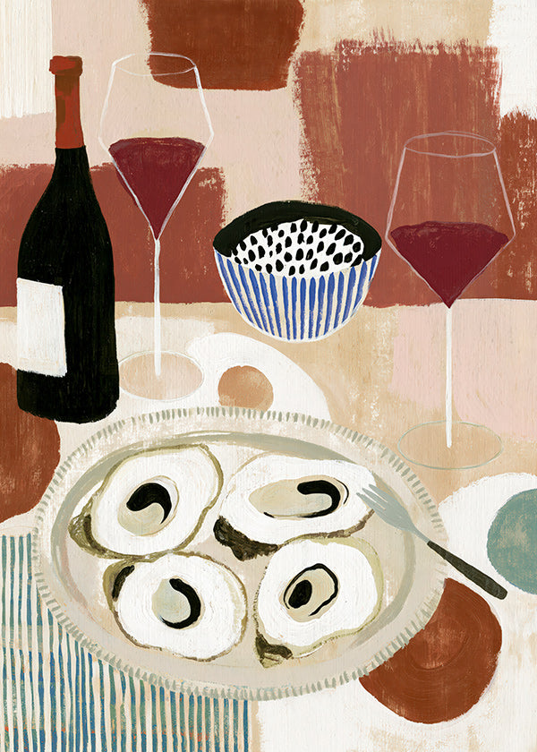 Keuken kunst: oester-stilleven met wijn