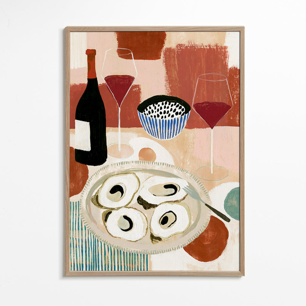 Keuken kunst: oester-stilleven met wijn