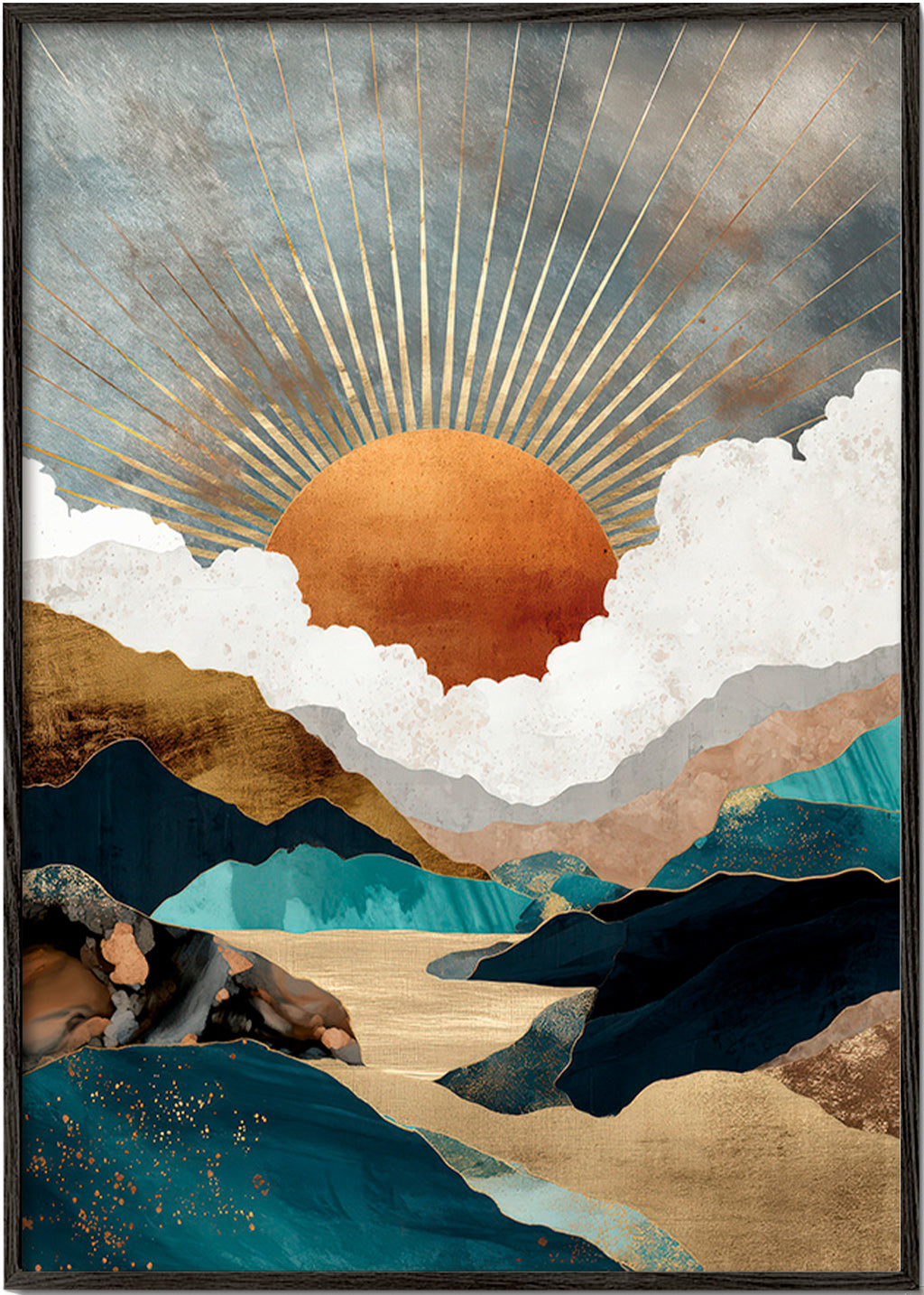 Landschapskunst: gouden zon boven abstracte bergen