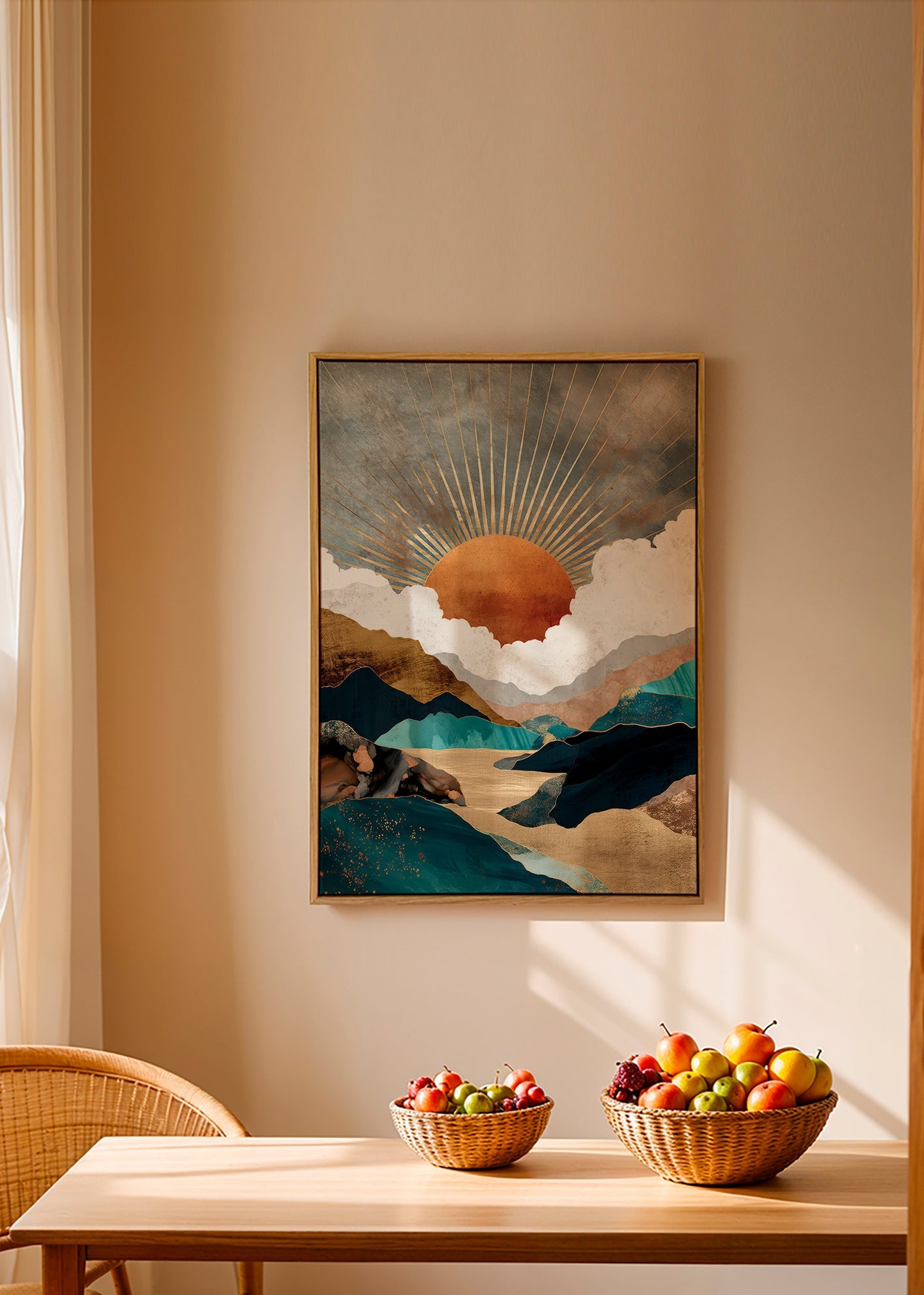 Landschapskunst: gouden zon boven abstracte bergen