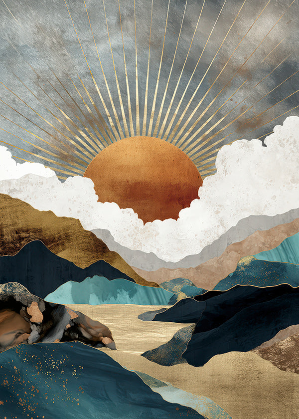Landschapskunst: gouden zon boven abstracte bergen
